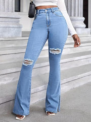 Ripped Flared Jeans Bell Bottom High Waist Wide Legs Denim Pants