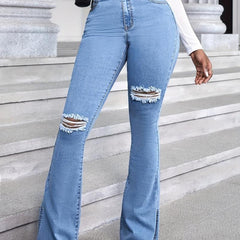 Ripped Flared Jeans Bell Bottom High Waist Wide Legs Denim Pants