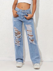 High Waist Distressed Street Style Denim Pants Women's Jeans