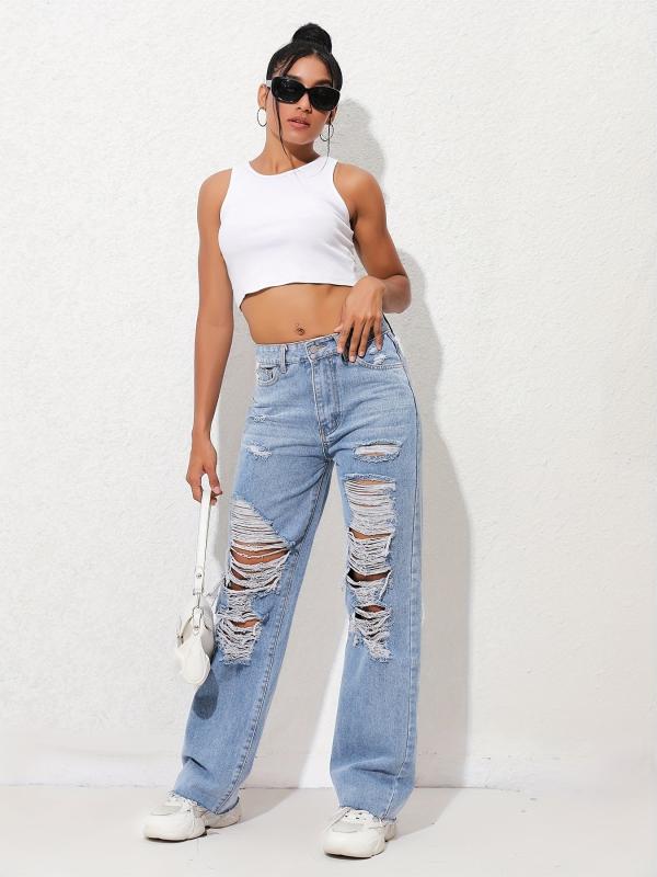 High Waist Distressed Street Style Denim Pants Women's Jeans