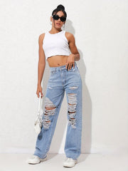 High Waist Distressed Street Style Denim Pants Women's Jeans