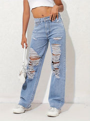 High Waist Distressed Street Style Denim Pants Women's Jeans