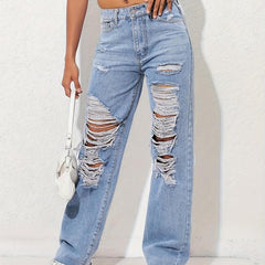High Waist Distressed Street Style Denim Pants Women's Jeans