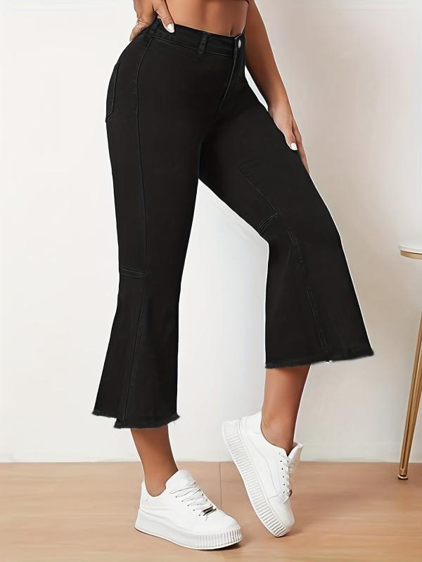 Mid Stretch Flare Jeans Washed Bell Bottom Capris Denim Pants