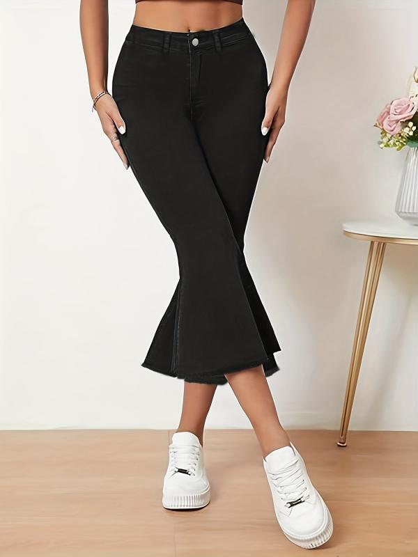 Mid Stretch Flare Jeans Washed Bell Bottom Capris Denim Pants