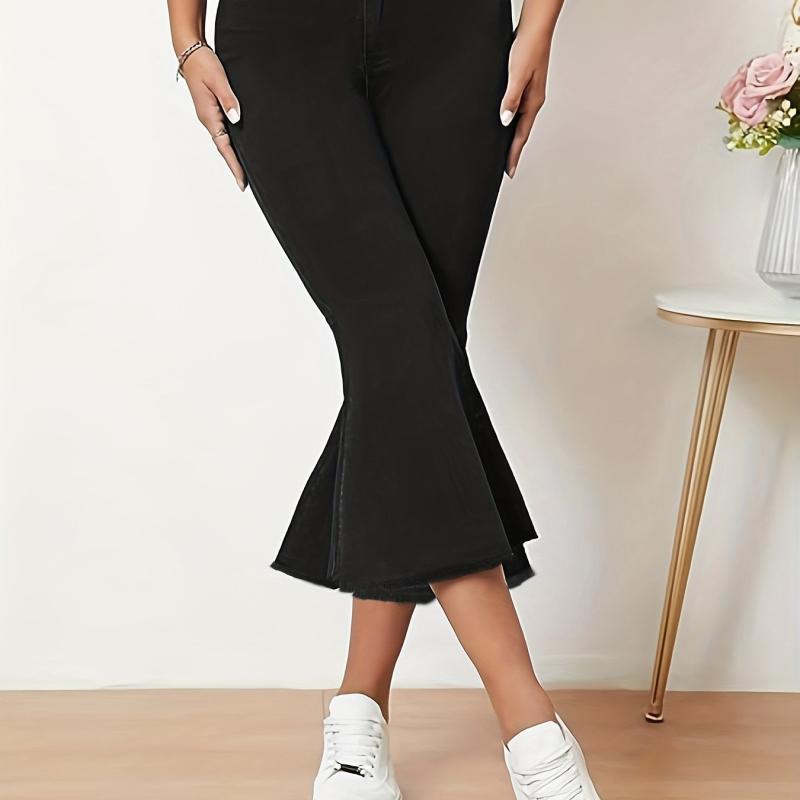 Mid Stretch Flare Jeans Washed Bell Bottom Capris Denim Pants