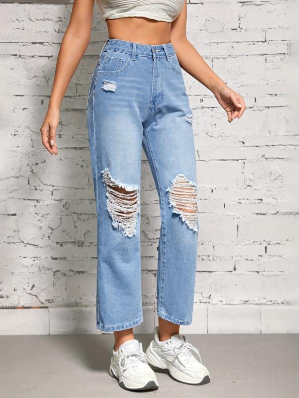High Waisted Ripped Cropped Jeans Loose Fit Ankle Length Women's Denim