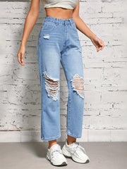 High Waisted Ripped Cropped Jeans Loose Fit Ankle Length Women's Denim