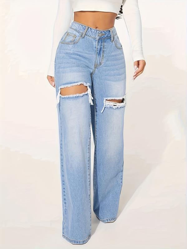 Ripped Holes Baggy Jeans Distressed Loose Fit Wide Leg Denim Jeans