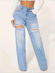 Ripped Holes Baggy Jeans Distressed Loose Fit Wide Leg Denim Jeans