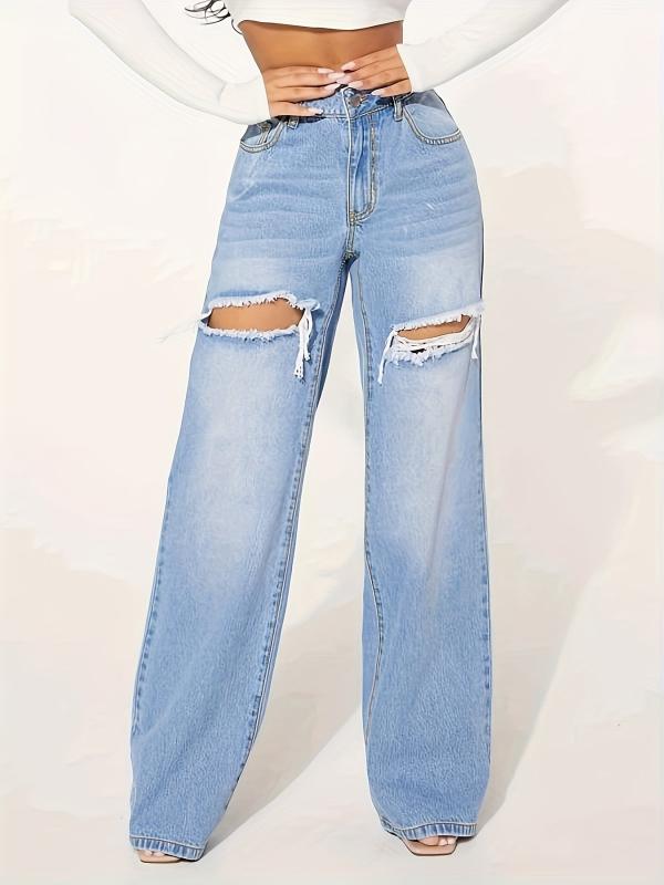 Ripped Holes Baggy Jeans Distressed Loose Fit Wide Leg Denim Jeans