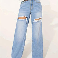 Ripped Holes Baggy Jeans Distressed Loose Fit Wide Leg Denim Jeans