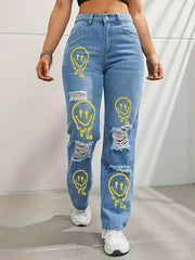 Expression Print Straight Jeans Loose Fit Ripped Holes Denim Trousers