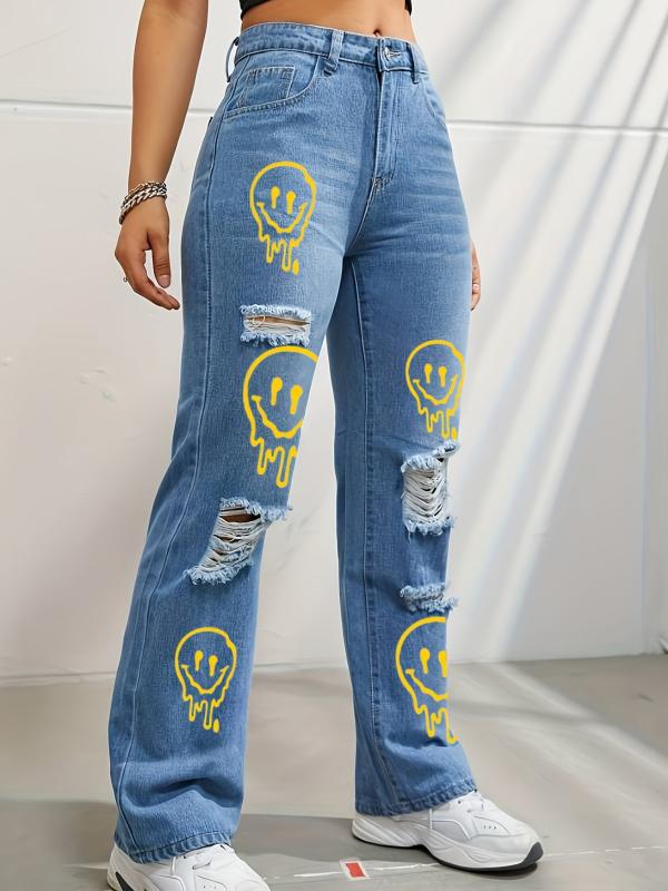 Expression Print Straight Jeans Loose Fit Ripped Holes Denim Trousers
