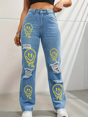 Expression Print Straight Jeans Loose Fit Ripped Holes Denim Trousers