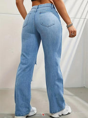 Expression Print Straight Jeans Loose Fit Ripped Holes Denim Trousers