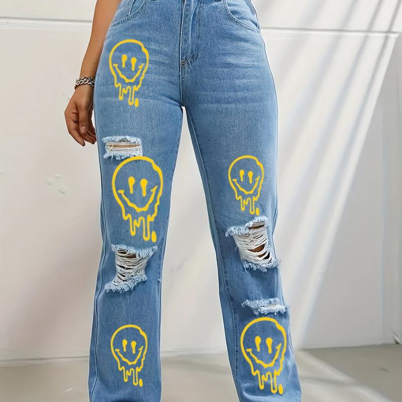 Expression Print Straight Jeans Loose Fit Ripped Holes Denim Trousers