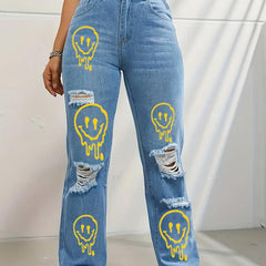 Expression Print Straight Jeans Loose Fit Ripped Holes Denim Trousers