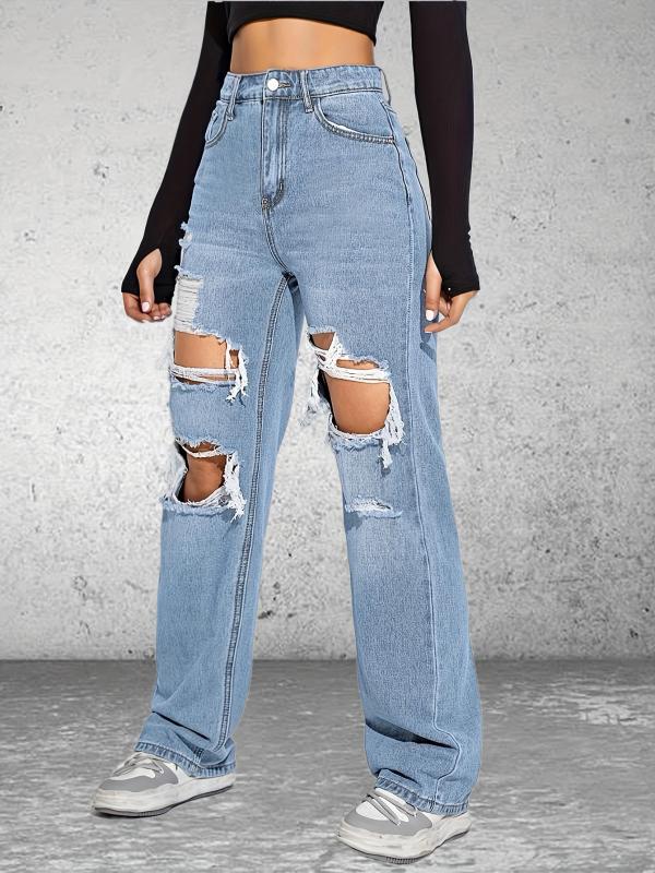Distressed Loose Fit Non Stretch Wide Legs Jeans Women's Denim Jeans