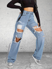 Distressed Loose Fit Non Stretch Wide Legs Jeans Women's Denim Jeans