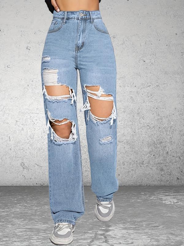 Distressed Loose Fit Non Stretch Wide Legs Jeans Women's Denim Jeans