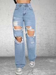 Distressed Loose Fit Non Stretch Wide Legs Jeans Women's Denim Jeans