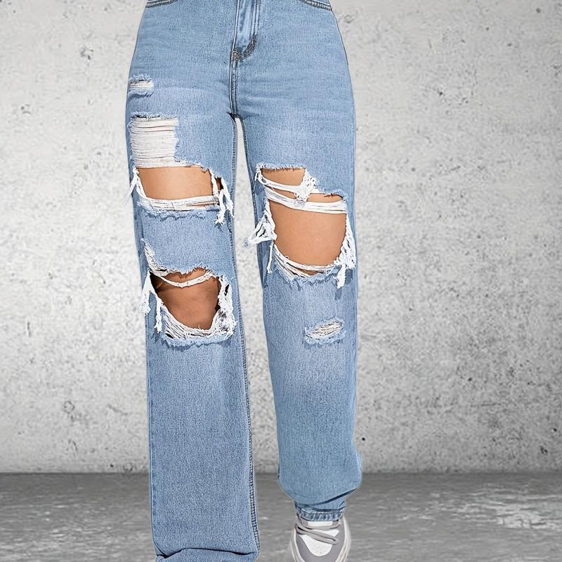Distressed Loose Fit Non Stretch Wide Legs Jeans Women's Denim Jeans