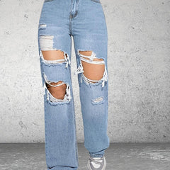 Distressed Loose Fit Non Stretch Wide Legs Jeans Women's Denim Jeans