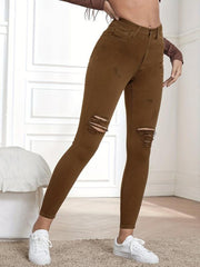 Brown Ripped Holes Skinny Jeans Slim Fit High Stretch Distressed Tight Jeans