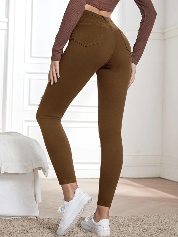 Brown Ripped Holes Skinny Jeans Slim Fit High Stretch Distressed Tight Jeans