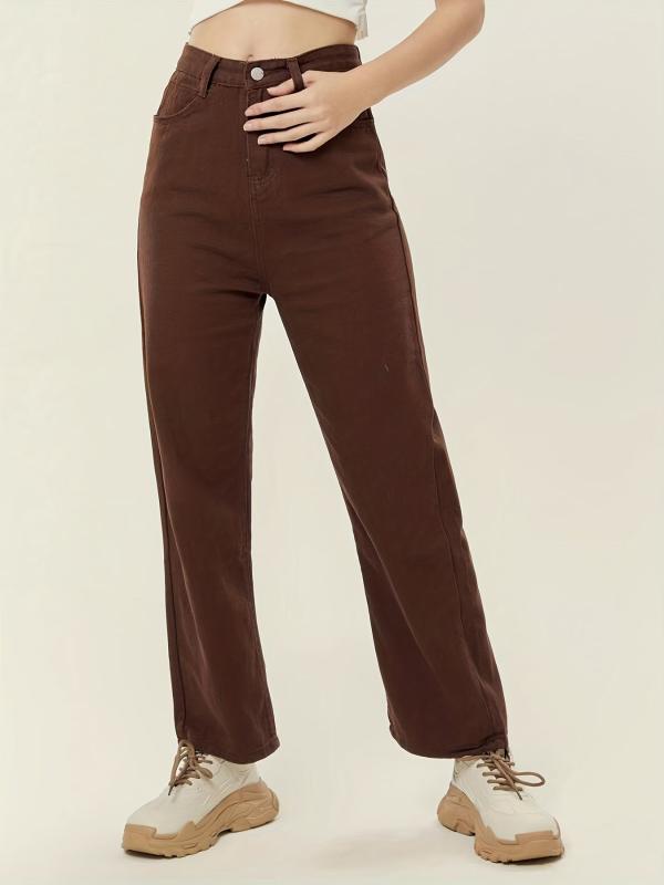 High Waist Loose Straight Denim Pants Creamy Brown Jeans Women's