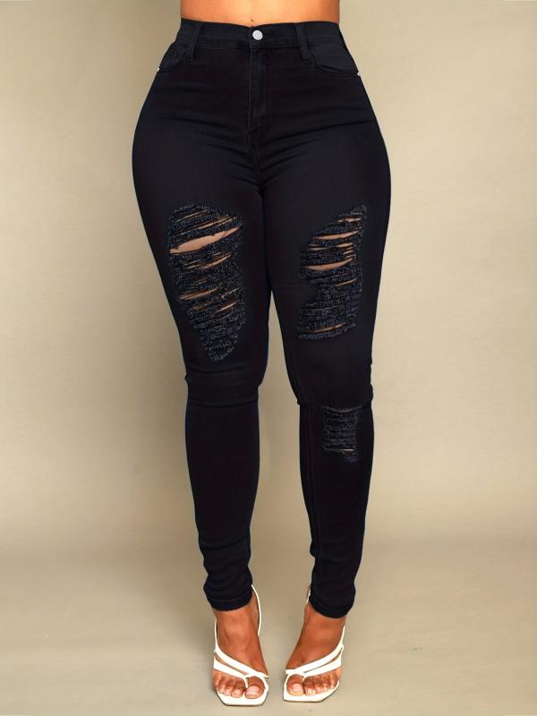 Ripped Holes Skinny Jeans Slim Fit High Stretch Casual Denim Trousers