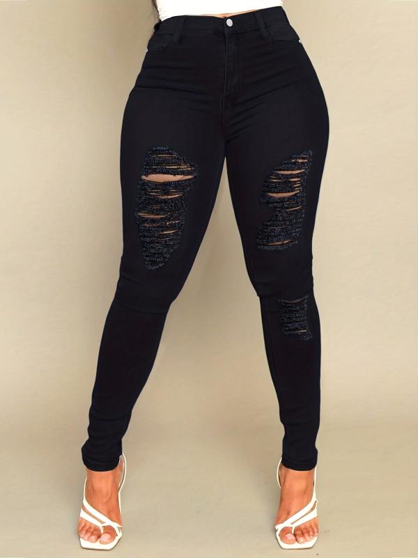 Ripped Holes Skinny Jeans Slim Fit High Stretch Casual Denim Trousers