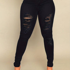 Ripped Holes Skinny Jeans Slim Fit High Stretch Casual Denim Trousers