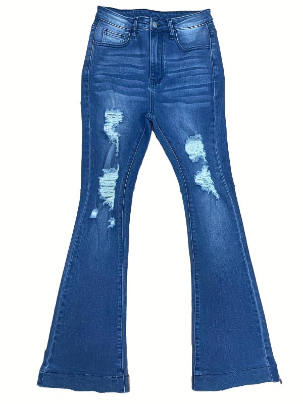 Distressed Mid Washed Bell Bottom Jeans for Women