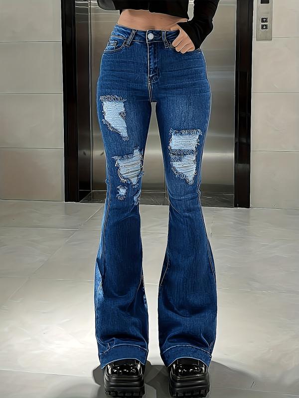 Distressed Mid Washed Bell Bottom Jeans for Women