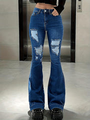Distressed Mid Washed Bell Bottom Jeans for Women