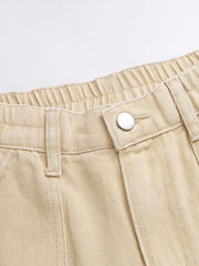 Khaki Flap Pockets Cargo Pants Loose Fit Non Stretch Straight Legs Jeans
