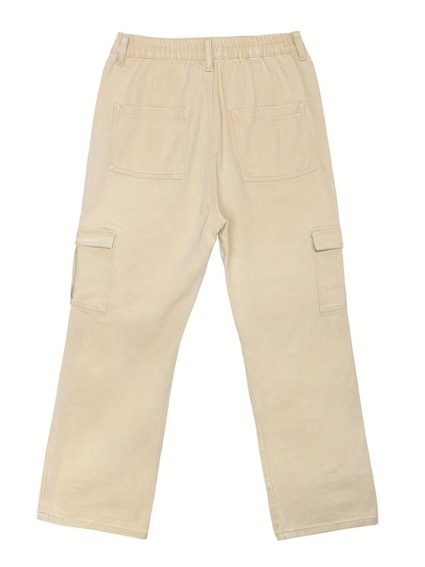 Khaki Flap Pockets Cargo Pants Loose Fit Non Stretch Straight Legs Jeans