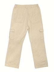 Khaki Flap Pockets Cargo Pants Loose Fit Non Stretch Straight Legs Jeans