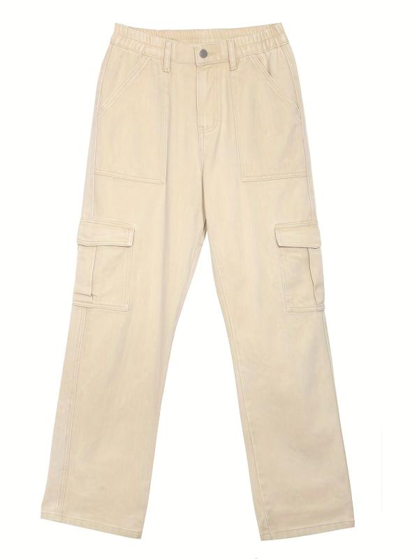 Khaki Flap Pockets Cargo Pants Loose Fit Non Stretch Straight Legs Jeans
