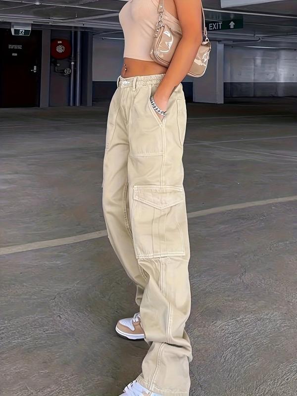Khaki Flap Pockets Cargo Pants Loose Fit Non Stretch Straight Legs Jeans