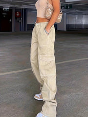 Khaki Flap Pockets Cargo Pants Loose Fit Non Stretch Straight Legs Jeans