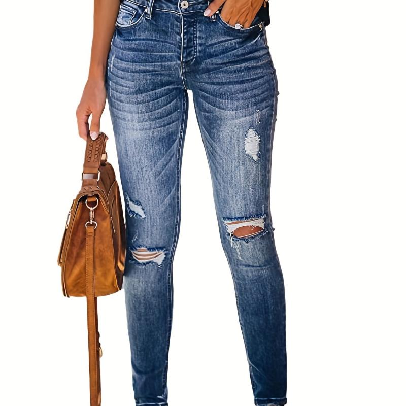 Ripped Holes Skinny Jeans Slim Fit Water Ripped Embossed Distressed Tight Jeans