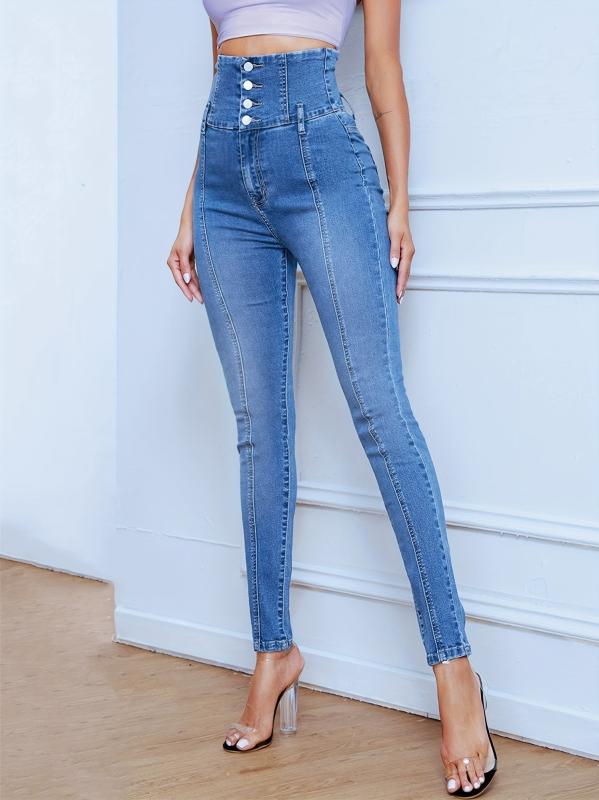 High Waist Skinny Jeans Single Breasted Button High Stretch Slim Fit Denim Pants