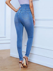 High Waist Skinny Jeans Single Breasted Button High Stretch Slim Fit Denim Pants
