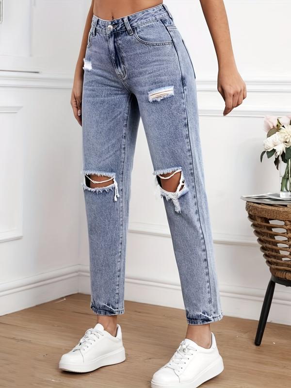 High Waist Ripped Holes Straight Jeans for Women