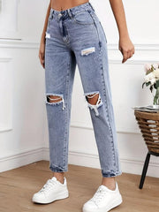 High Waist Ripped Holes Straight Jeans for Women