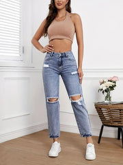 High Waist Ripped Holes Straight Jeans for Women