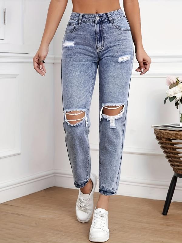 High Waist Ripped Holes Straight Jeans for Women